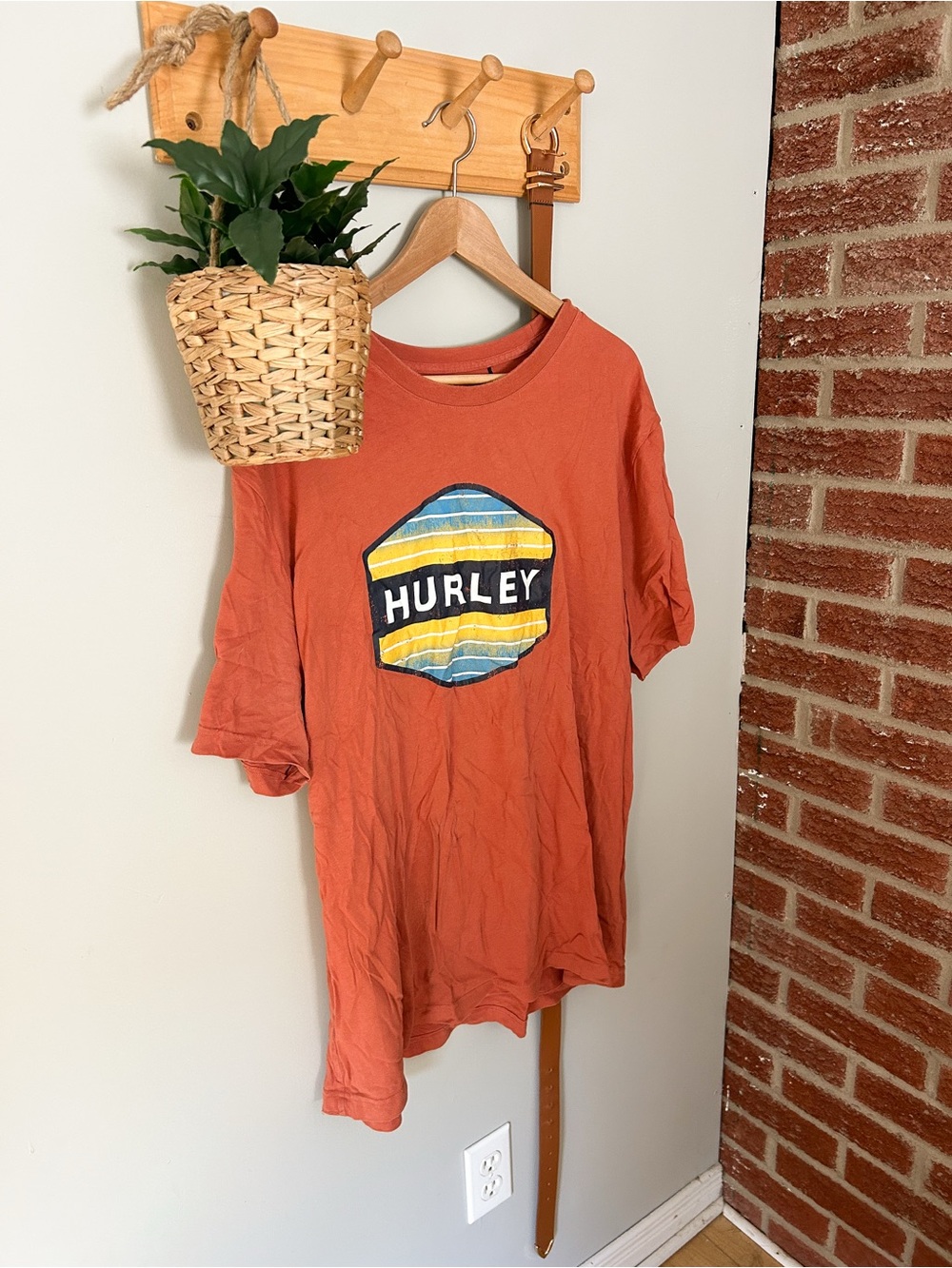 Hurley Rust Orange Logo Tee with Blue & Yellow Stripes
